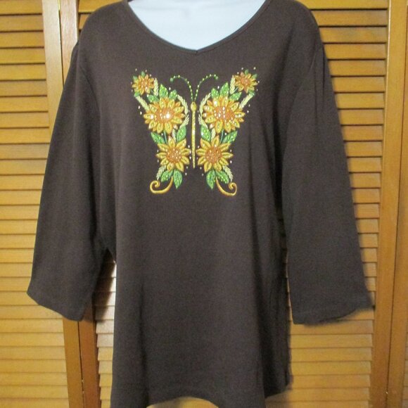 Quacker Factory top chocolate brown w/ yellow floral butterfly size XL - Picture 1 of 8